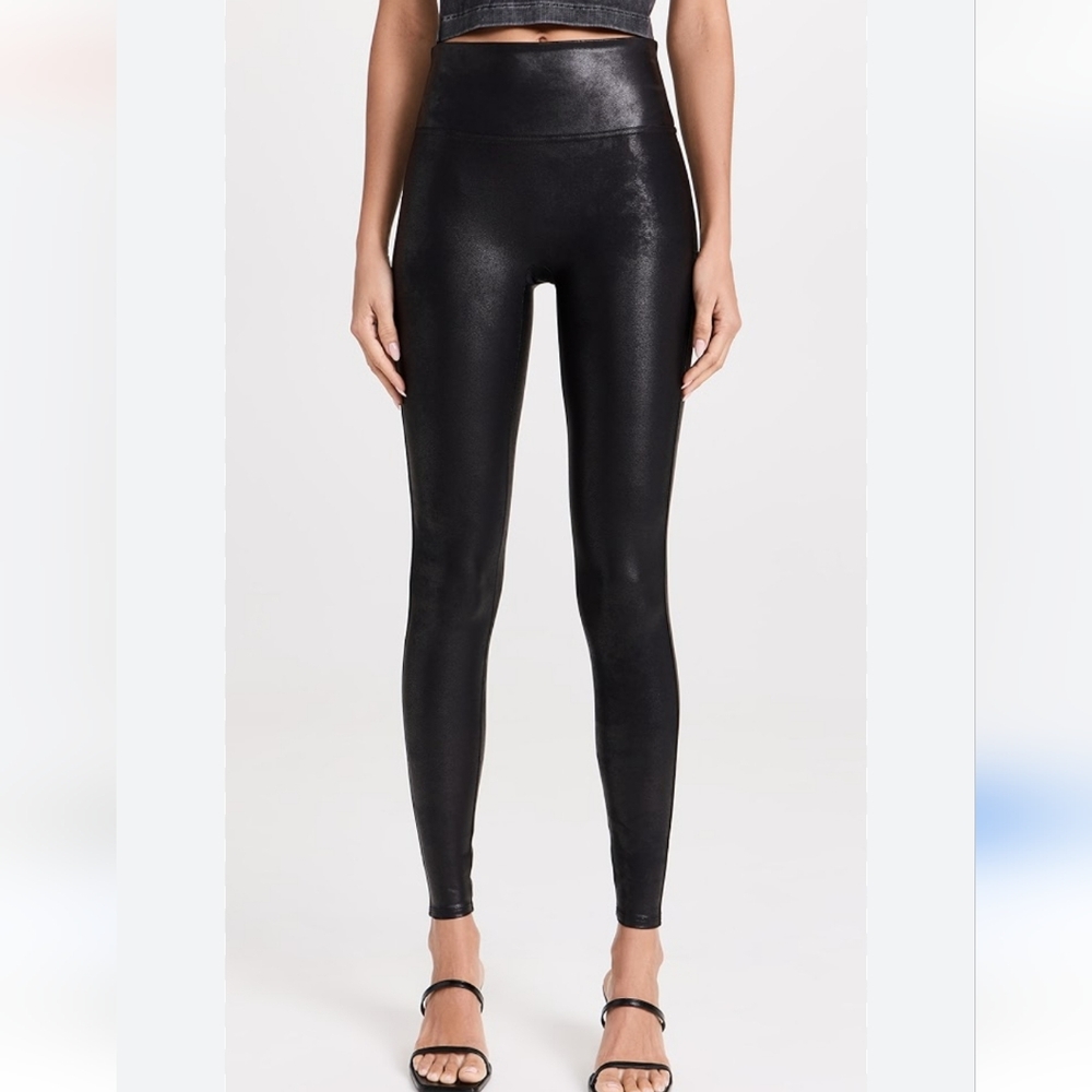 Spanx Black Faux Leather Shiny High Waist Leggings Pants S (A1)